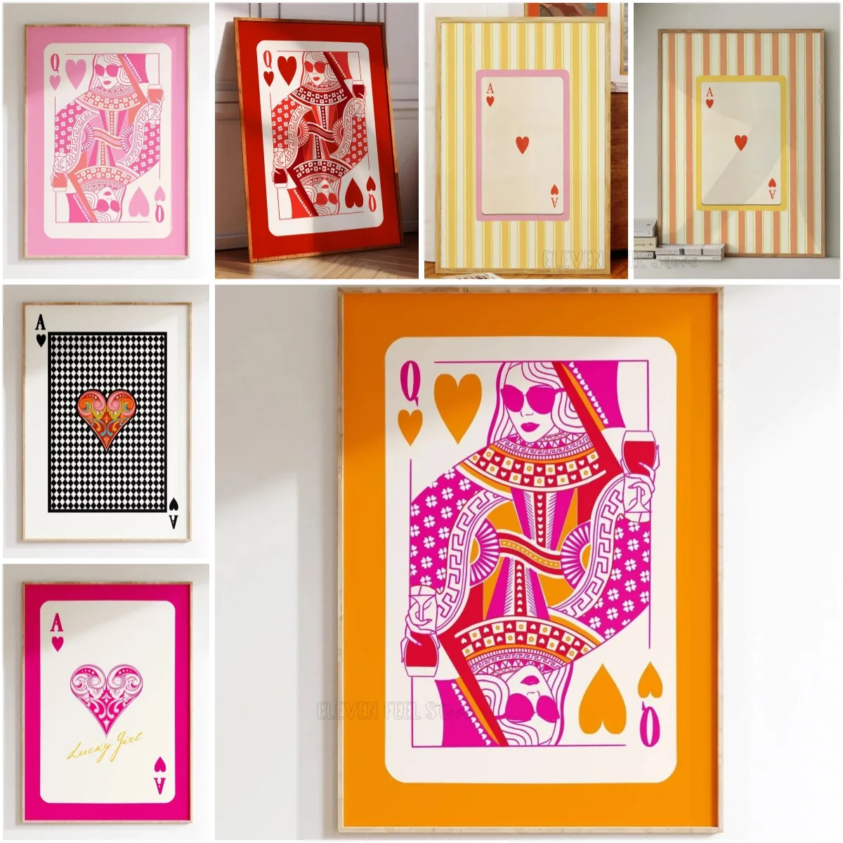 Queen of Hearts Wall Art Print Colorful Playing Card Maximalist Card Decor Dopamine Queen Illustration Bar Cafe Decor Wall Decor