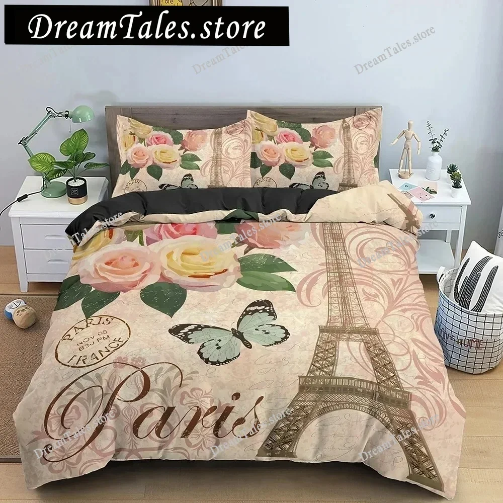

King Queen Duvet Cover Paris Eiffel Tower World Famous Romantic Attractions Bedding Set Women Girls Polyester Quilt Cover