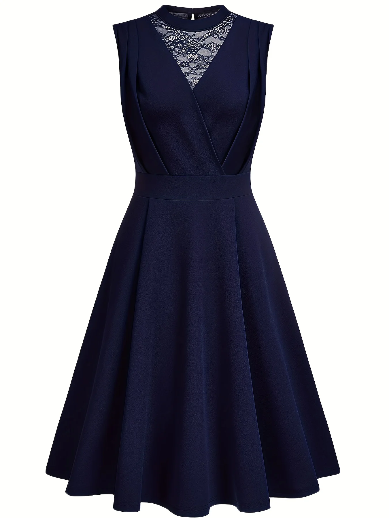 Damen Sommerkleid ärmellos, hochgeschlossen, elegant, Spitze, einfarbig, Mini, A-Linie, Cocktailkleid – Detail 5