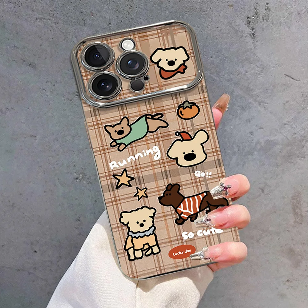 Niche Splash Ink Bear Bread Plaid Puppy Electric Ferry Large Window Phone Case For IPhone 12 11 13 14 15 16 Max Pro Plus Shell