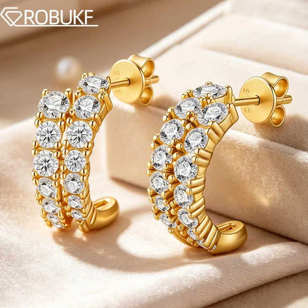 18K Gold Plated Full Moissanite Hoop Earring for Women D Color VVS Lab Diamond S925 Silver Double Row Open Earrings Jewelry GRA