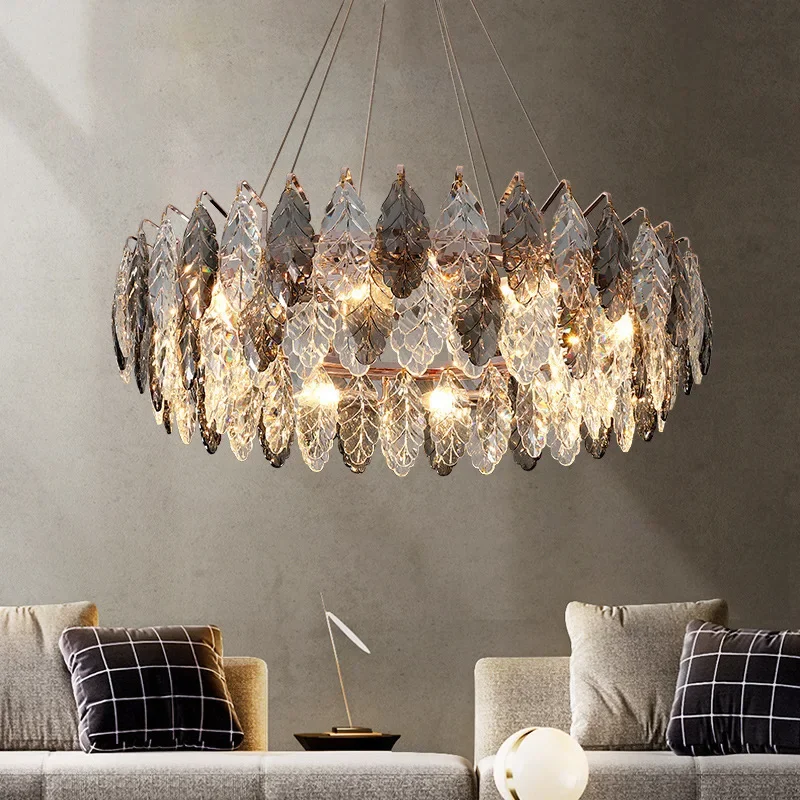 

GHJUYIOL Simple and luxurious lobby chandelier, crystal leaf circular living room, dining room light, fish line hotel chandelier