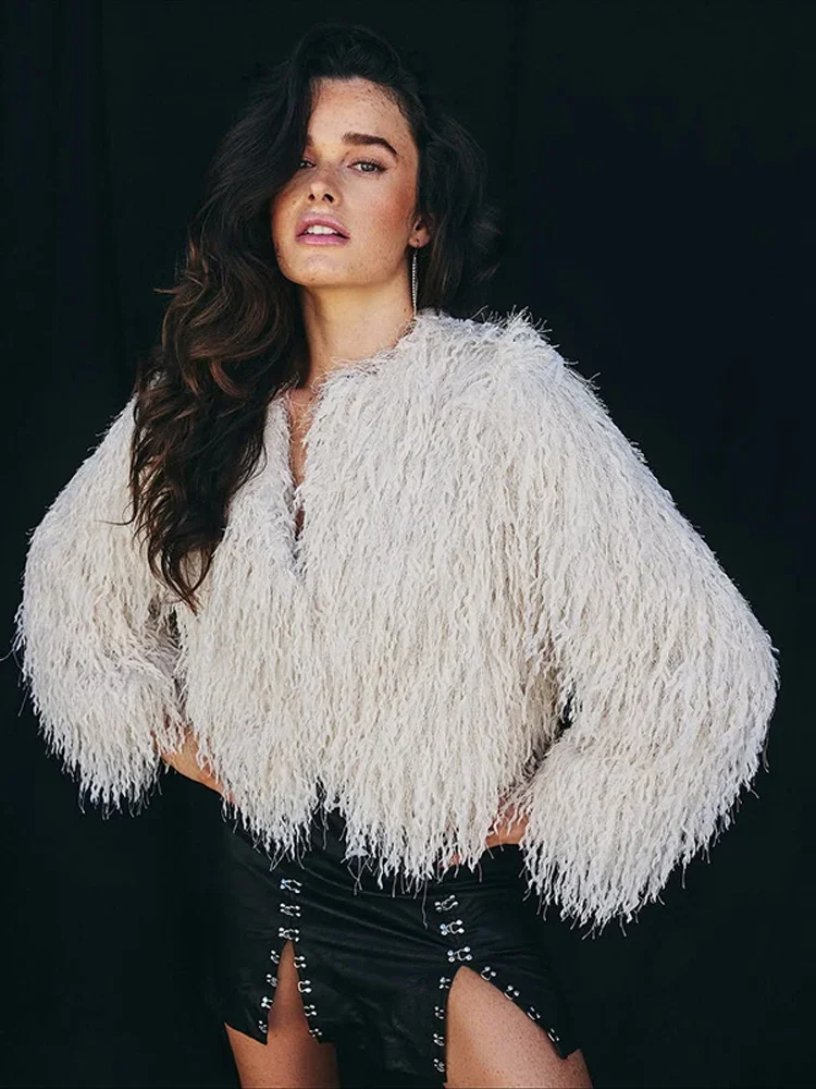 Vrouwelijke Pluizige Faux Vossenbont Jas Jas Winter Losse Luxe Lange Mouw Hoge Taille Patchwork Crop Jas Dames Uitloper 2025