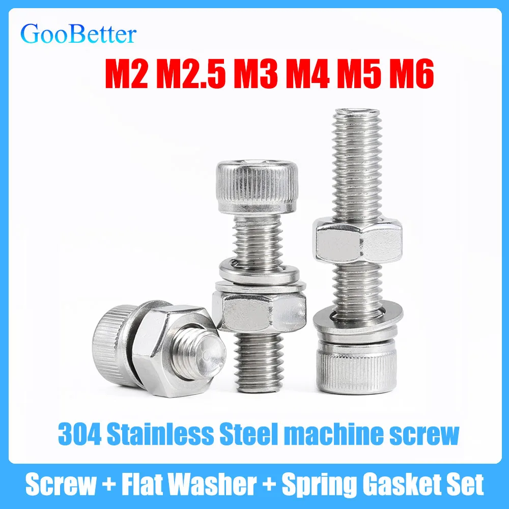 

5/10/50Set M2 M2.5 M3 M4 M5 M6 304 Stainless Steel Hexagon Hex Socket Cap Head Screw Flat Washer Spring Gasket Assemble Bolt