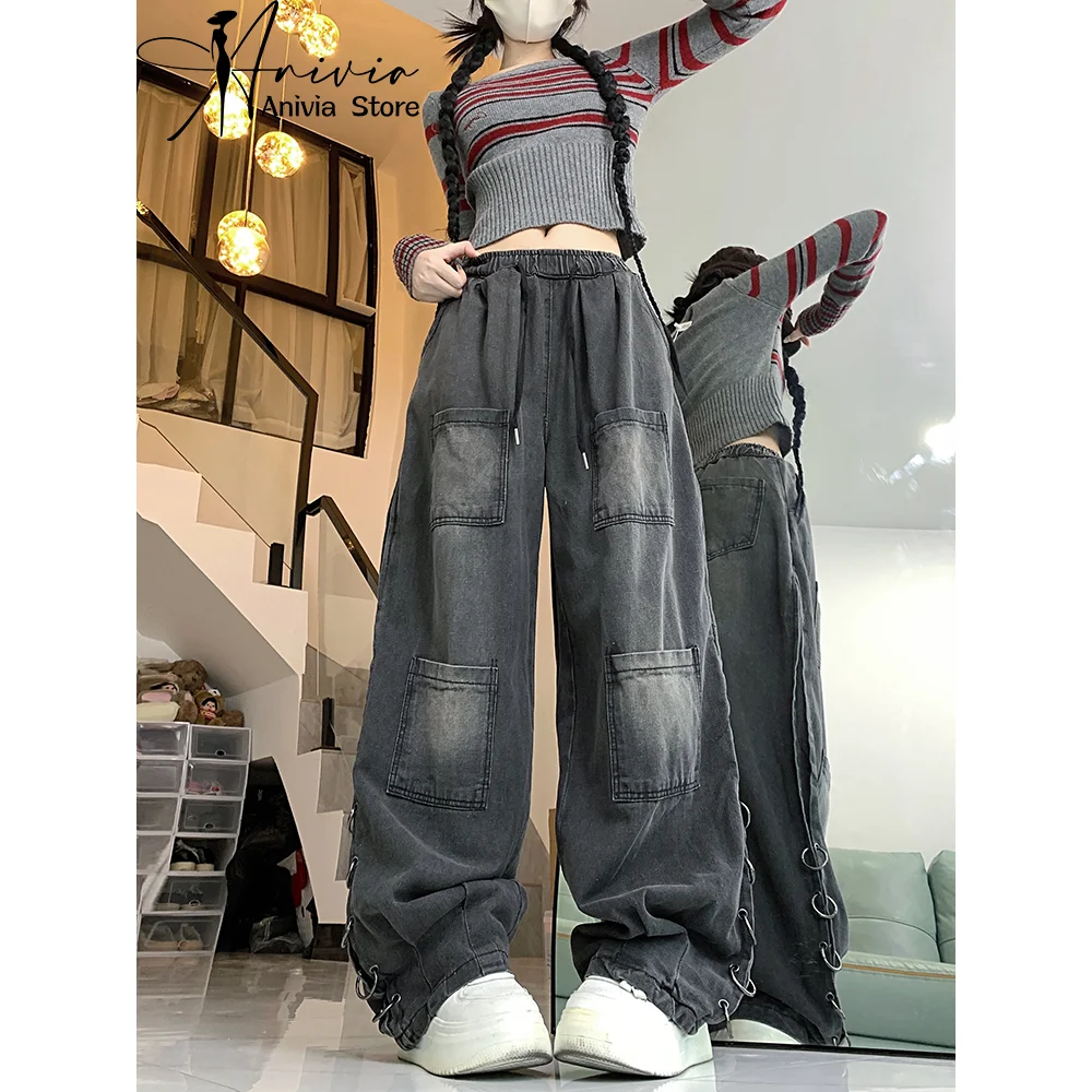 

2024 Retro Fashion Women High Waist Jeans Stretching waist Black Pocket Wide Leg Straight Loose Denim Trousers Y2K Baggy Pants