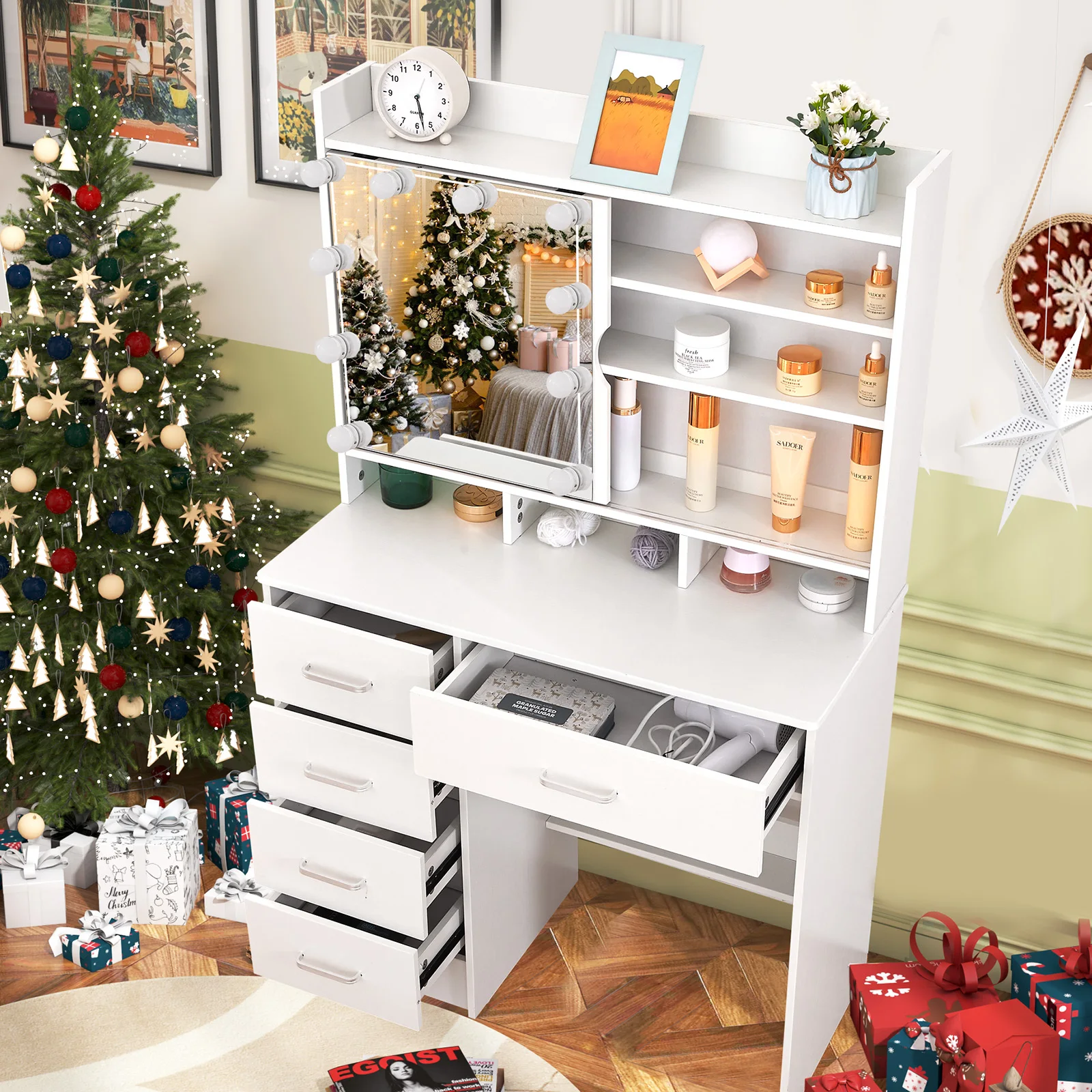 【صفقات 11.11، عروض الجمعة السوداء 2025】مجموعة طاولة مكياج لخزانة الملابس مع مرآة مضاءة بإضاءة LED + 5 أدراج