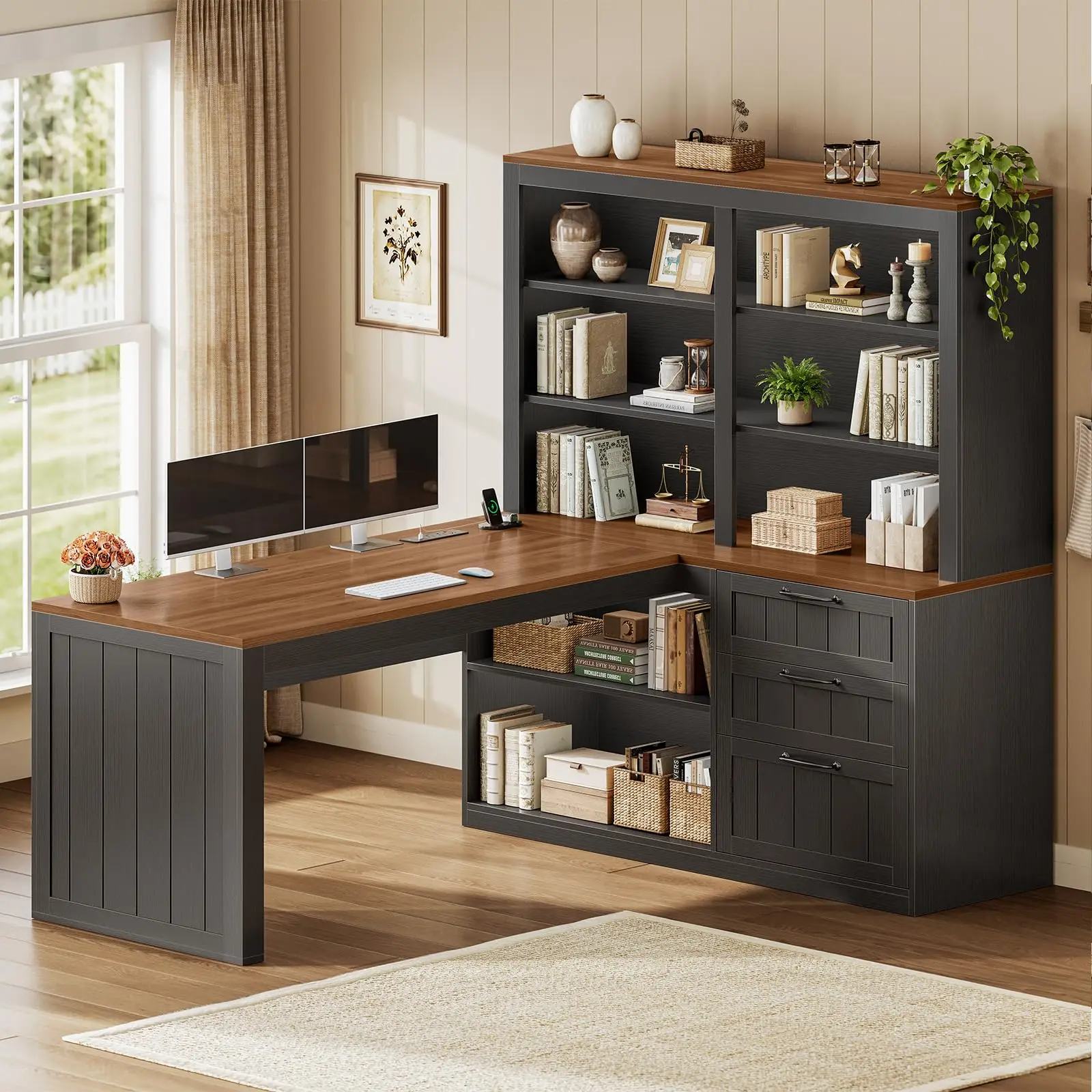 Farmhouse L Shaped Computer Desk, 59'' Wood Office Desk with 3 Drawers and 5-Tier Bookshelf, Corner Desk with Storage