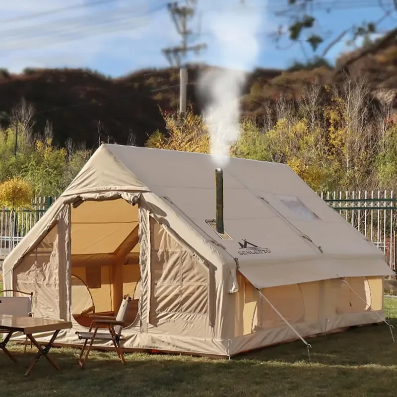 Inflatable Tent 6-8 Person Blow Up Air Tent Outdoor Camping Glamping 420D Oxford Family Cabin Tent Stove Jack AC Vent