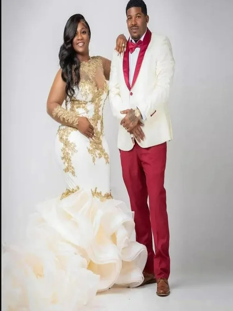 

Customized African High Collar Shinny Gold Beads Appliques Wedding Dress For Bride Plus Size Cascading Ruffles Bridal Gowns