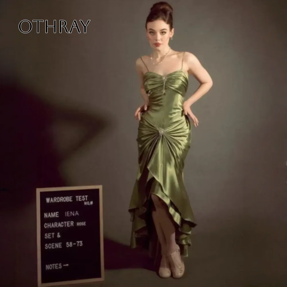 Sweetheart Crystal Button Pleat Taffeta Satin Evening Dress Elegant Vintage Olive Green Prom Party Gown Celebrity Dresses