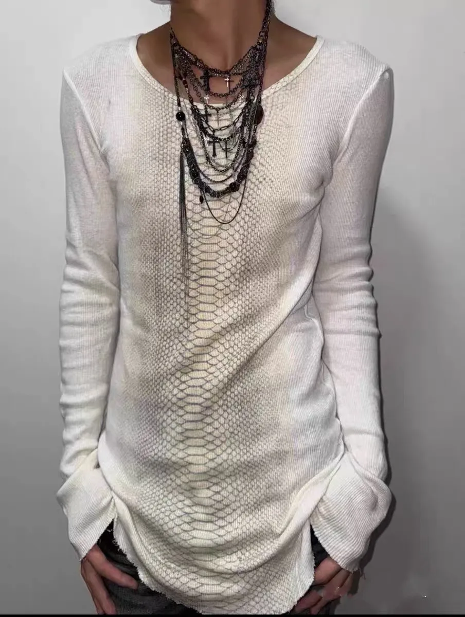 American Vintage Retro Punk Subculture Women Long Sleeve T‑Shirts Y2K Snake Skin Print Grunge Knit 2000s Street Fashion Tees
