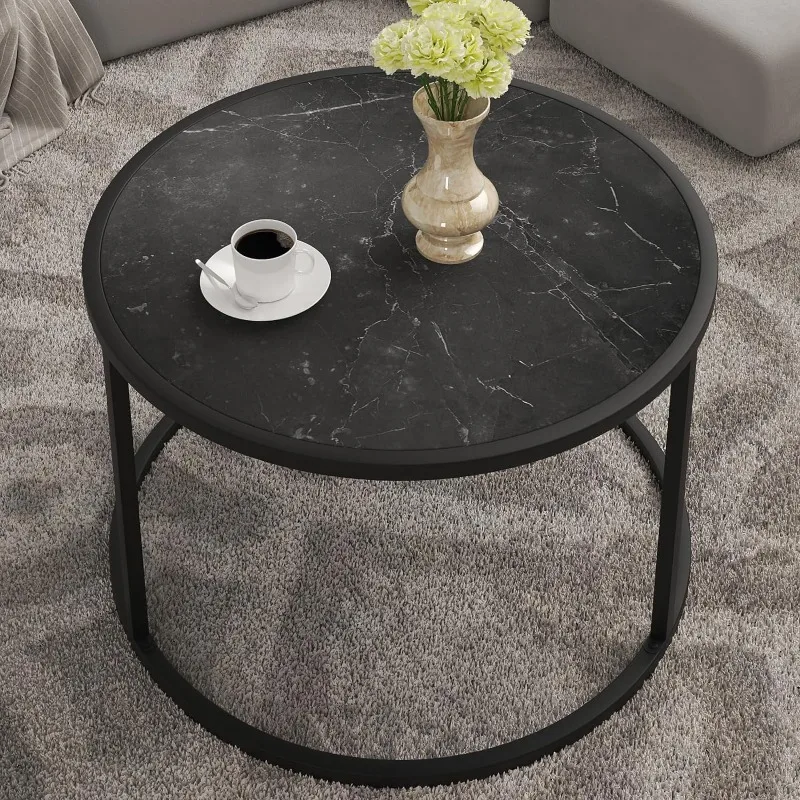 

Round Coffee Table Small Black Marble Center Tables Open Space Underneath for Living Room Home Office 27.6 * 27.6 * 17.7