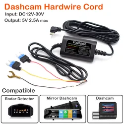 CarDash Cam Cable Kit, DVR Hardwire, Gravador de Vídeo, Mini Micro, Carregador USB Tipo-C, Câmera Auto Dashcam, 12V-24V a 5V, 2.5A