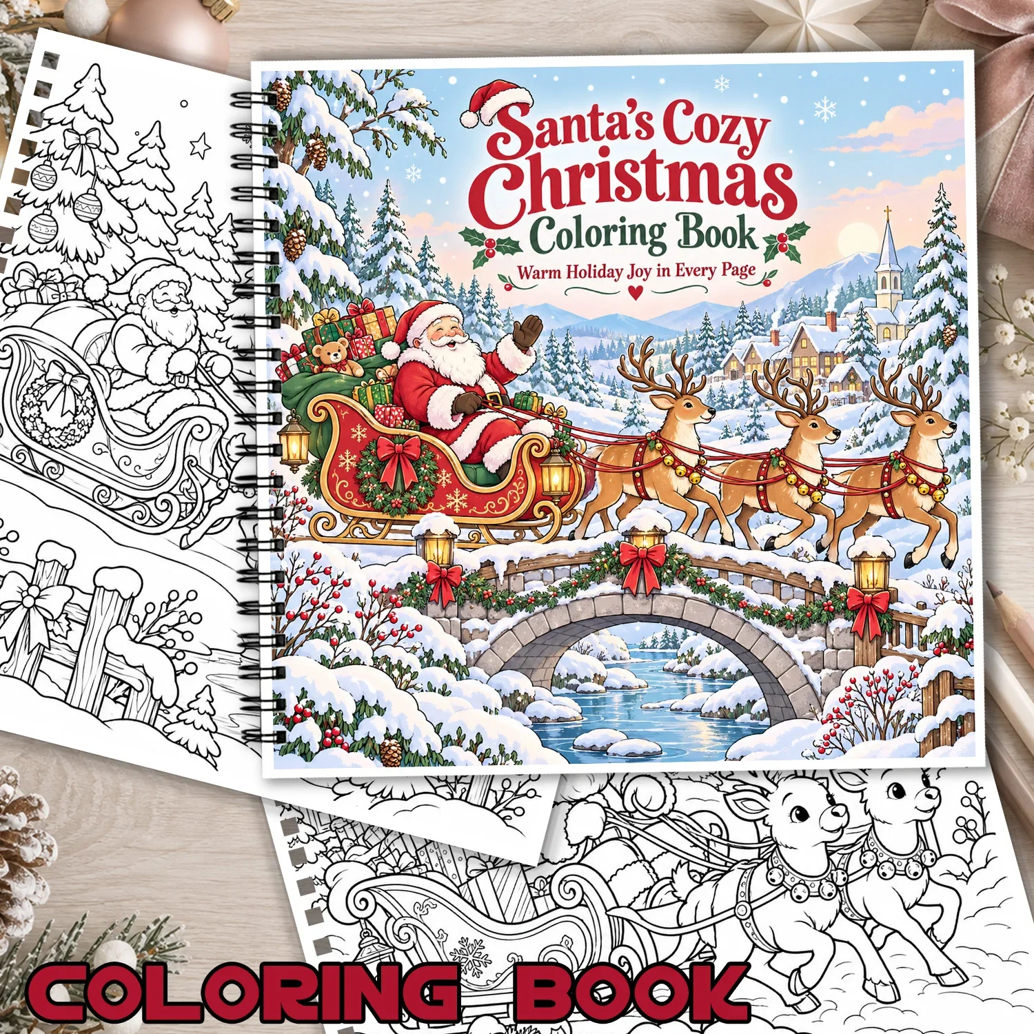 Coloring Book Santa's Cozy Christmas Spiral Bound 24Sheets Showcasing Creativity & Relieving Stress Relaxing Body Mind Activity