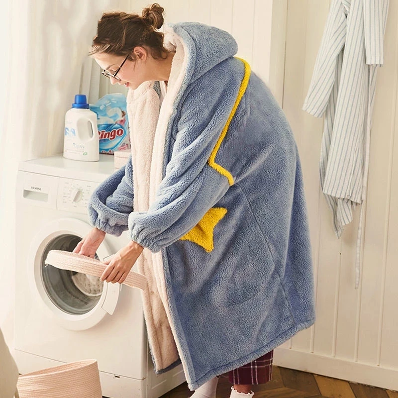 Flanell flauschige Kapuzen Nachthemden mit Stern taschen rosa blau warm Pyjama Kleid für Winter Frauen Roben Waden länge Nachthemd