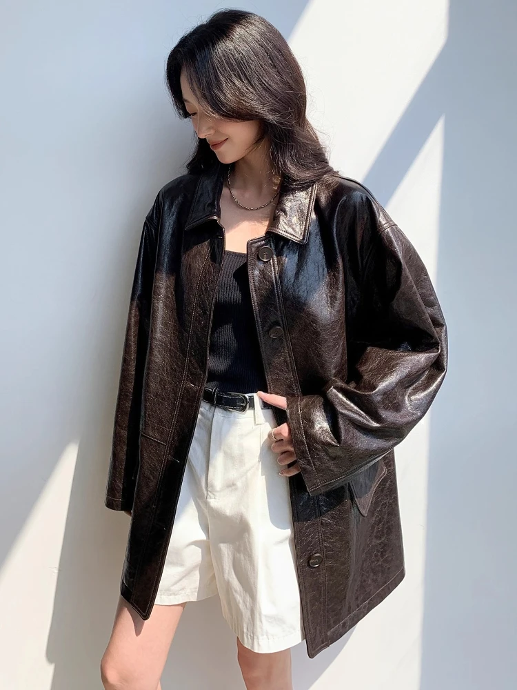 منتصف طول سترة واقية من الجلد الطبيعي سترات النساء الخريف الشتاء الراقية بسيطة فضفاضة الصلبة لينة النفط الشمع معطف جلد الغنم الحقيقي