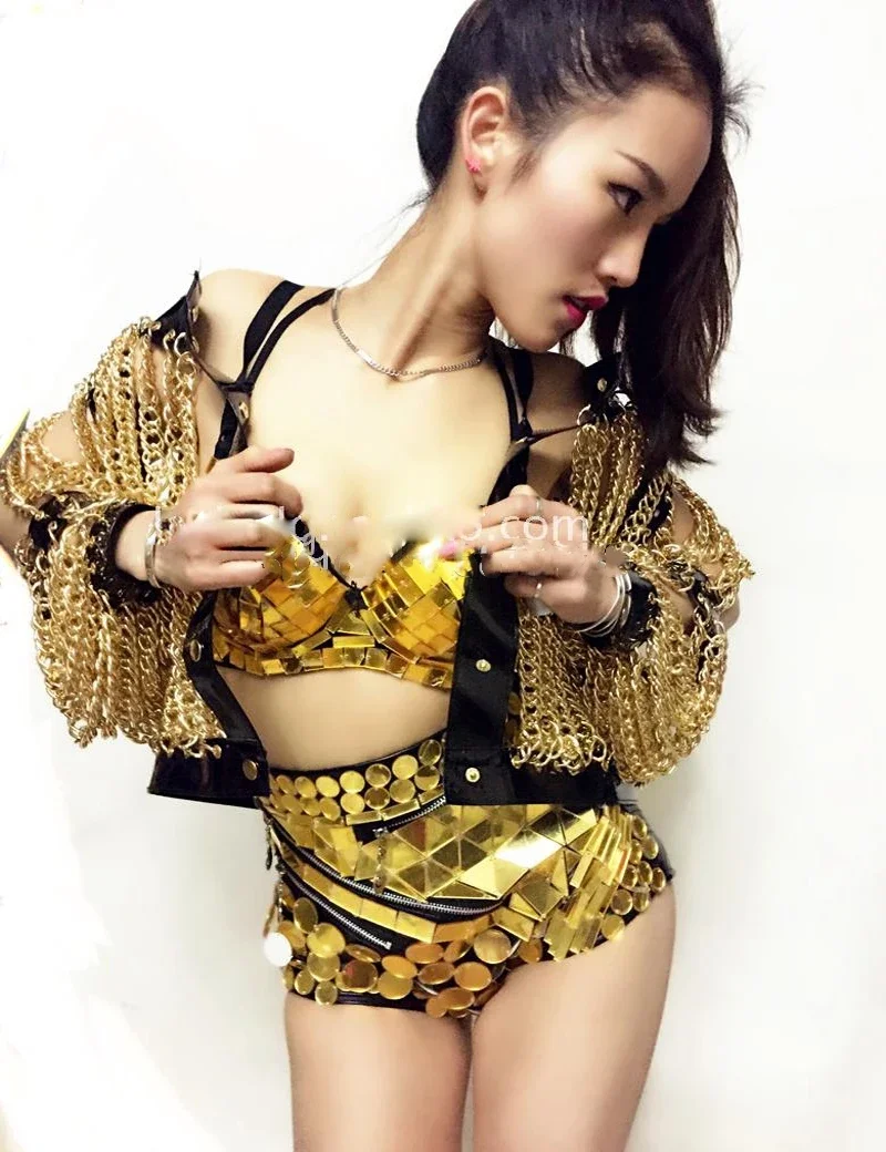 Stage Performance bar Nightclub show Bra Chains Short coat nightclub stage dance wear Women Sexy Gold Chains Costume Outfit