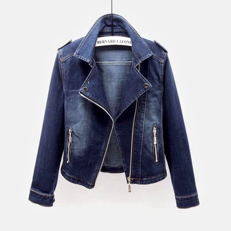 

Stretch denim jacket women's short 2019 autumn new suit collar motorcycle jacket slimming versatile top cardigan