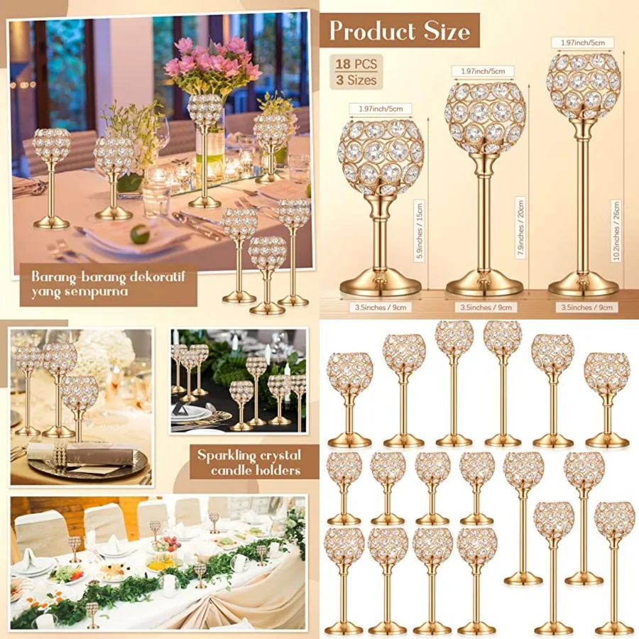 

18 Pieces Crystal Candle Holders Bulk Candle Stick Holder Centerpieces for Table Wedding Centerpieces Crystal Decorative Tealig