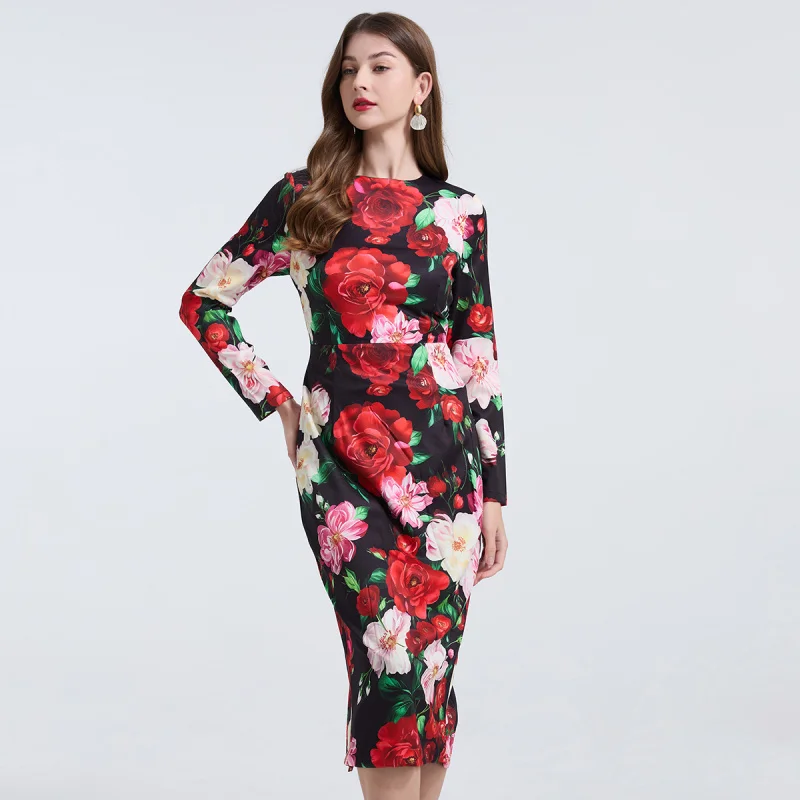 Real Shot European and American Style Positioning Strip Rose Big Flower Slim Sheath Dress High Waist round Neck Long Sleeve Skir