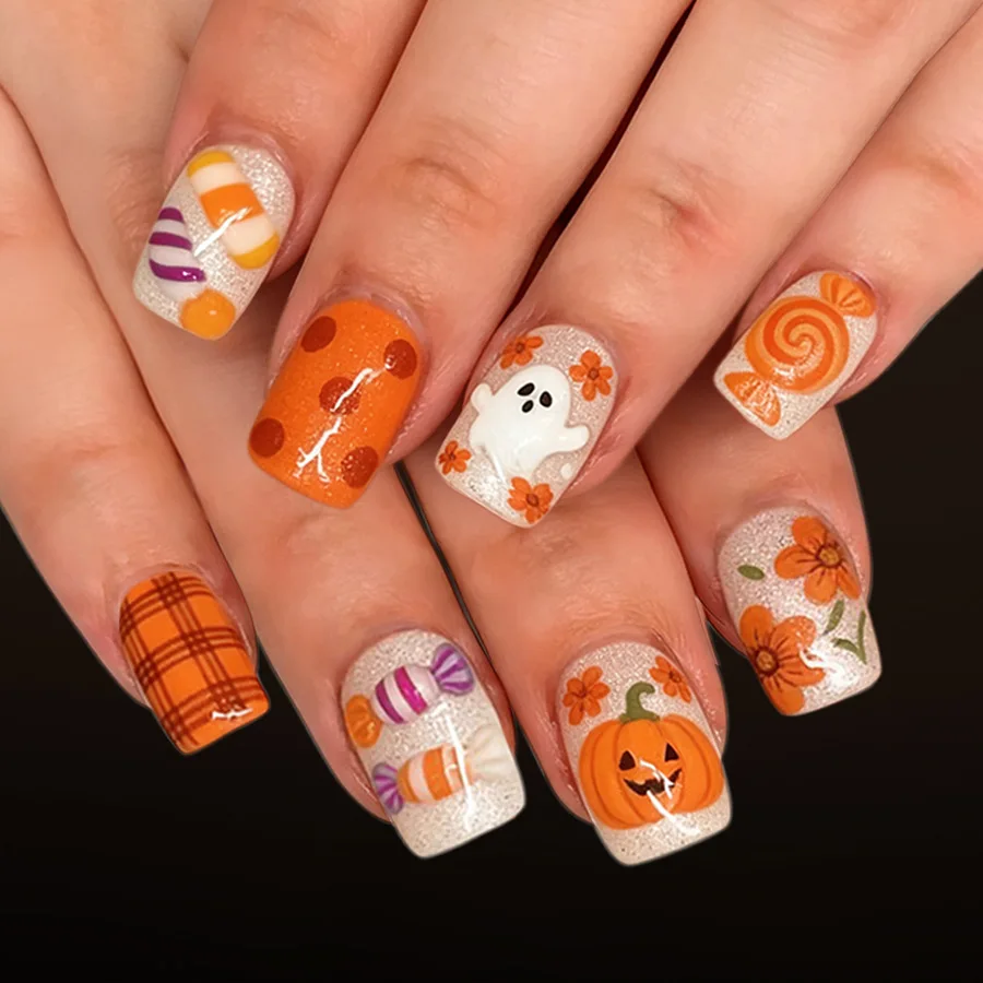 Halloween Orange Pumpkin Flower Polka Dot Press On Nails 24Pcs Glossy Square Tips Reusable False Nails for Women Girls Party