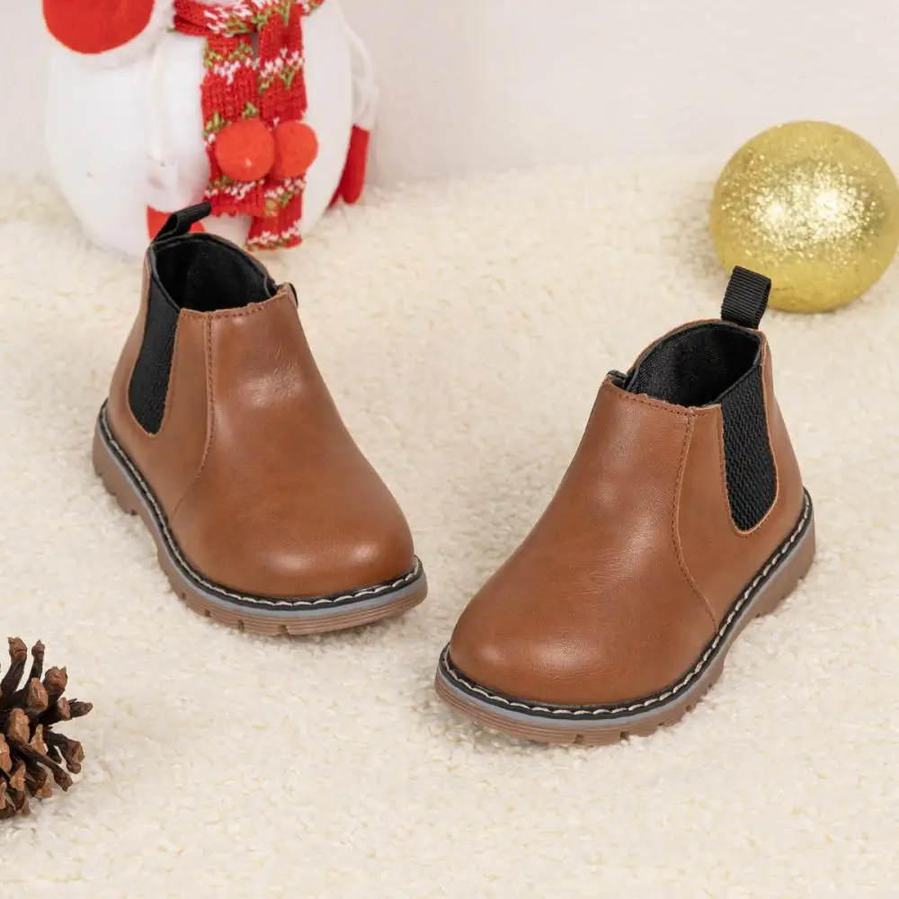 Meckior Solid Color Versatile Children's Boots Boys Girls Fashion Martin Boots Anti-Slip Soft Bottom Leather Casual Shoes