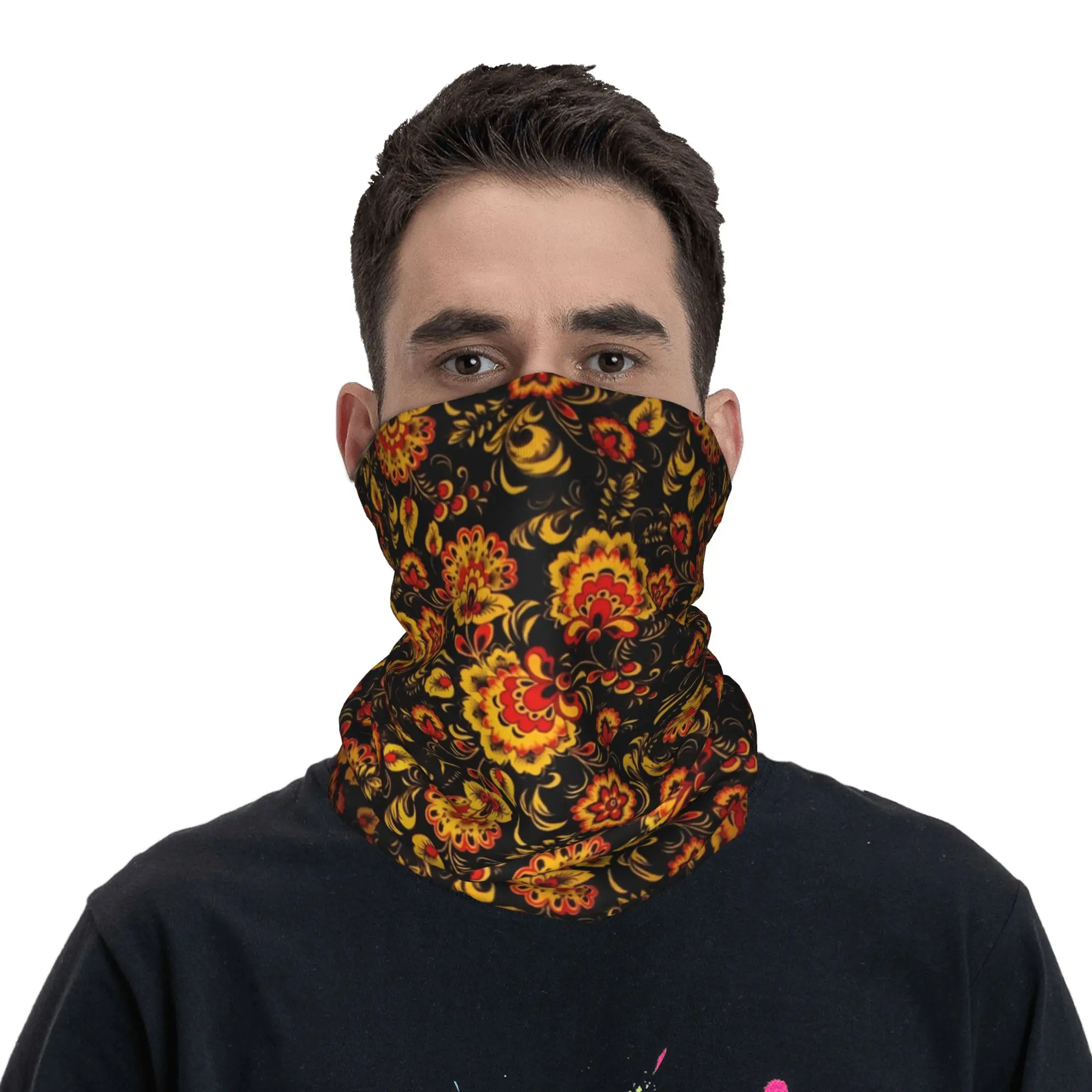 

Khokhloma Russian Folk Art Neck Gaiter Men Women Windproof Winter Bandana Scarf for Cycling