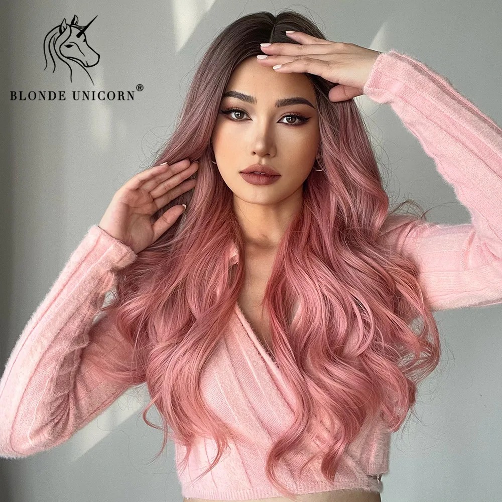 Blonde Unicorn Synthetic Long Wavy Wig Dark Root Ombre Pink For Women Cosplay Daily Party Wigs Heat Resistant Fiber Bangs Hair