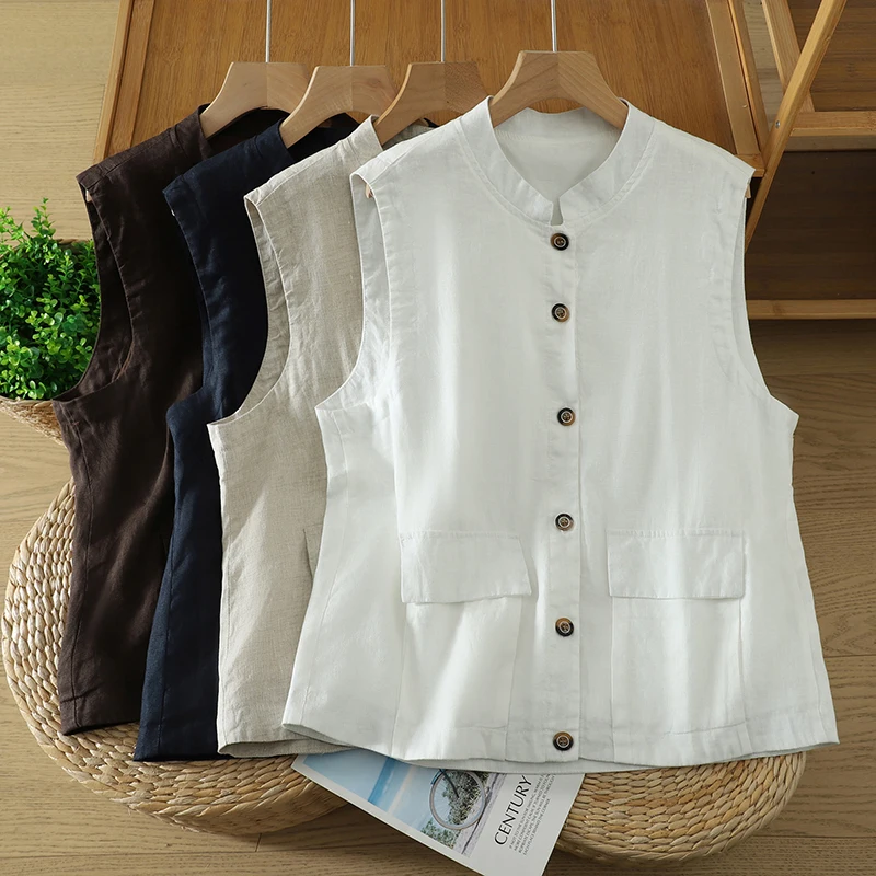 

Women's Large Size Cotton Linen Jacket Summer New Style Double Pocket Single Layer Stand Collar Vest Breathable Outerwear