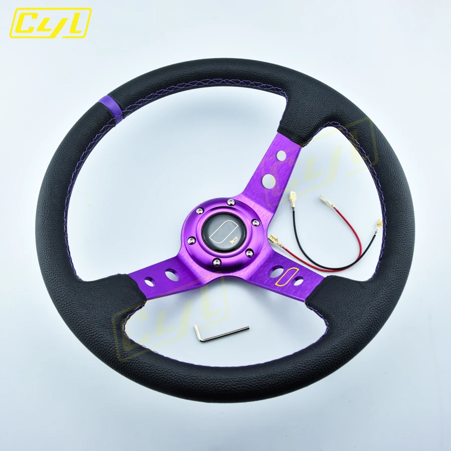 JDM PVC Leather Steering Wheel Purple Spoke Deep Dish Racing Drifting Sports Steering Wheel