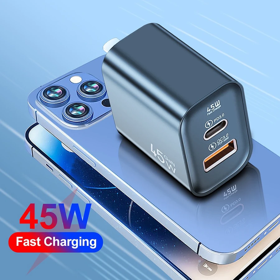 45W GaN Fast Charger Dual Port USB C PD3.0 QC3.0 Quick Charging Block Fireproof PC Wall Adapter For Smart Mobile Phones