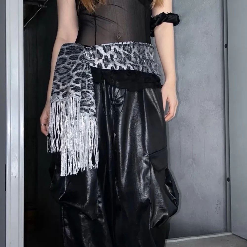 Sequin Jazz Dance Hip Scarf Hip-hop Y2K Tassels Leopard Print Belt Shirt Extender Triangular Scarf Cargo Pants Waist Band