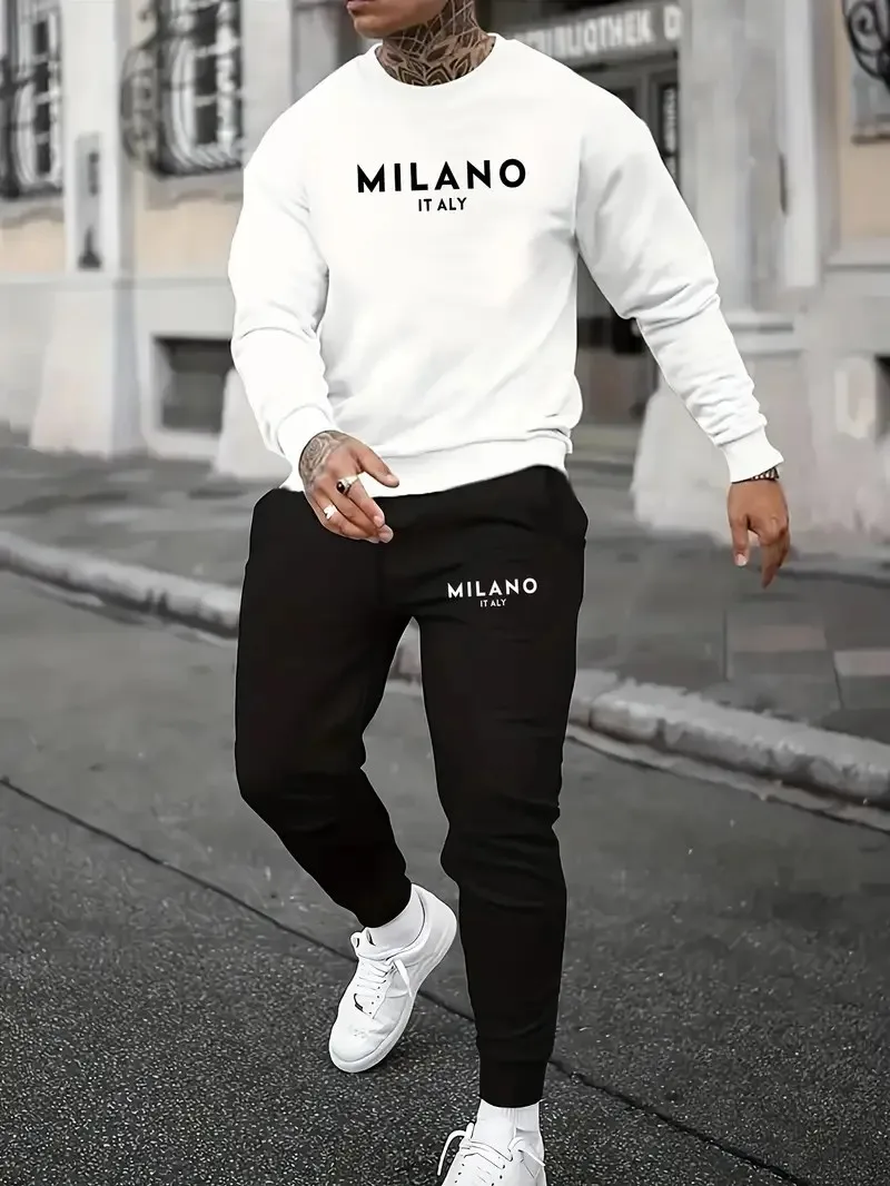 The new men's round-neck hoodie set for Spring and Autumn 2025 features a casual and comfortable 3D letter pattern print