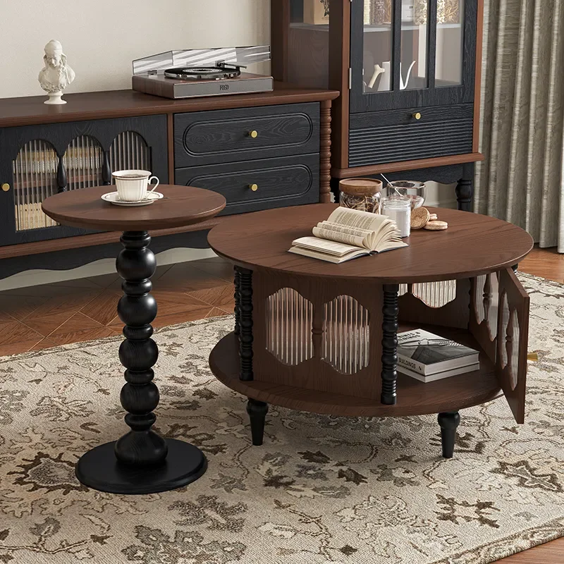 French Retro Solid Wood Coffee Table Mid Century Round Tea Table Fluted Glass Small Apartment Living Room Mixed Match