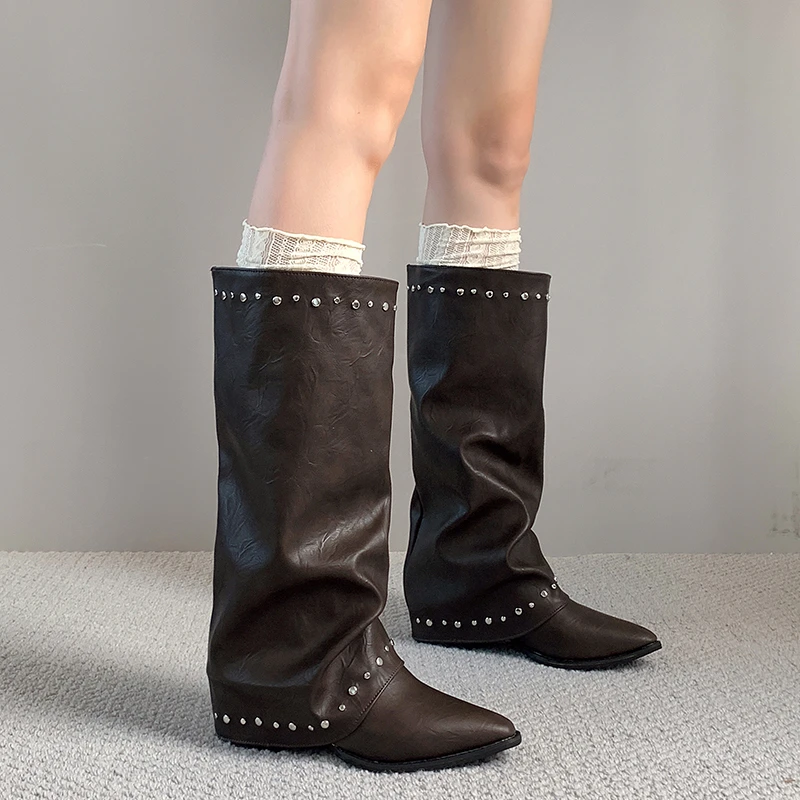Pointed Toe Rivet Wide Calf Long Boots Women Ruched Slip On Block Heel Vintage Western Knee High Boots Ladies Fashion Footwear