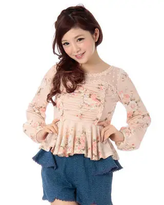 SALES Japan Liz Lisa Lace Mesh Floral Printed High Waist Knitting Shirt