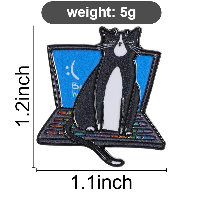 Keyboard Occupying Cow Cat Enamel Pin Black White Cat Sitting on Laptop with Rainbow Keys Funny Cat Parent Gift for Daily Wear