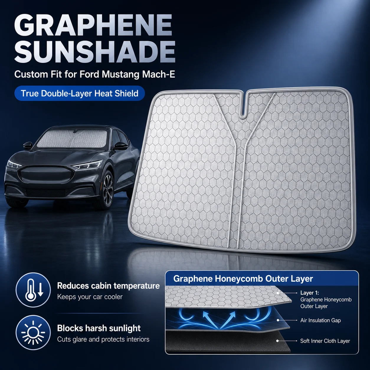 For Ford Mustang Mach-E Graphene Windshield Sunshade Custom Fit Car Sunshade UV Sun Protection Car Interior Accessories