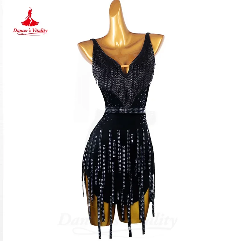 

Latin Dancing Dresses Women's Customization Black Sexy Backless Tassel Dress Tango Chacha Samba Professional Performance Costume