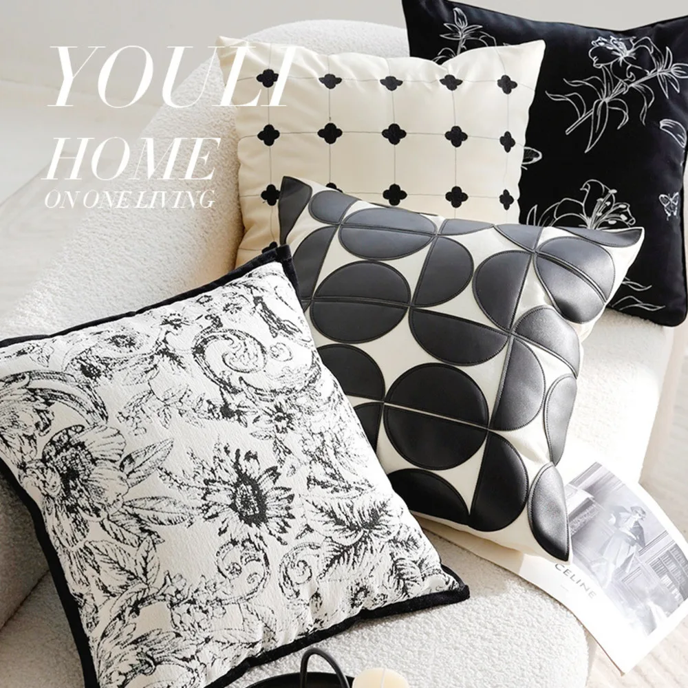 Luxury French Antique Embroidered Black White Cushion Cover - Sofa Bed Living Room Pillow Case, High-End Removable Home Decor