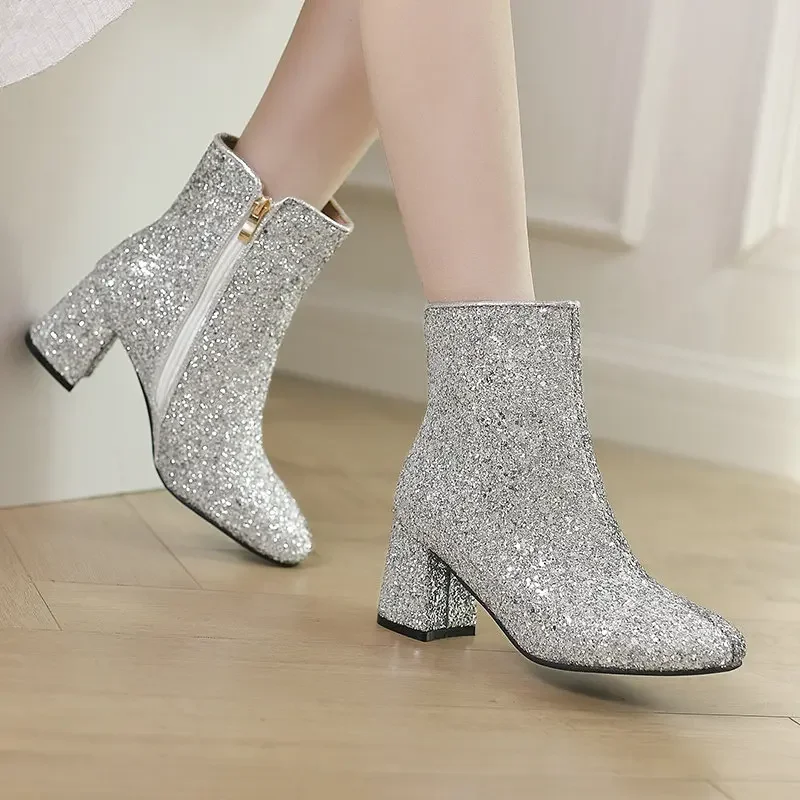 Duży rozmiar 48 49 50 Gold Silver Blue Sequined Cloth Glitter Winter Shoes Women Chunky High Heels Bling Party Ankle Chelsea Boots