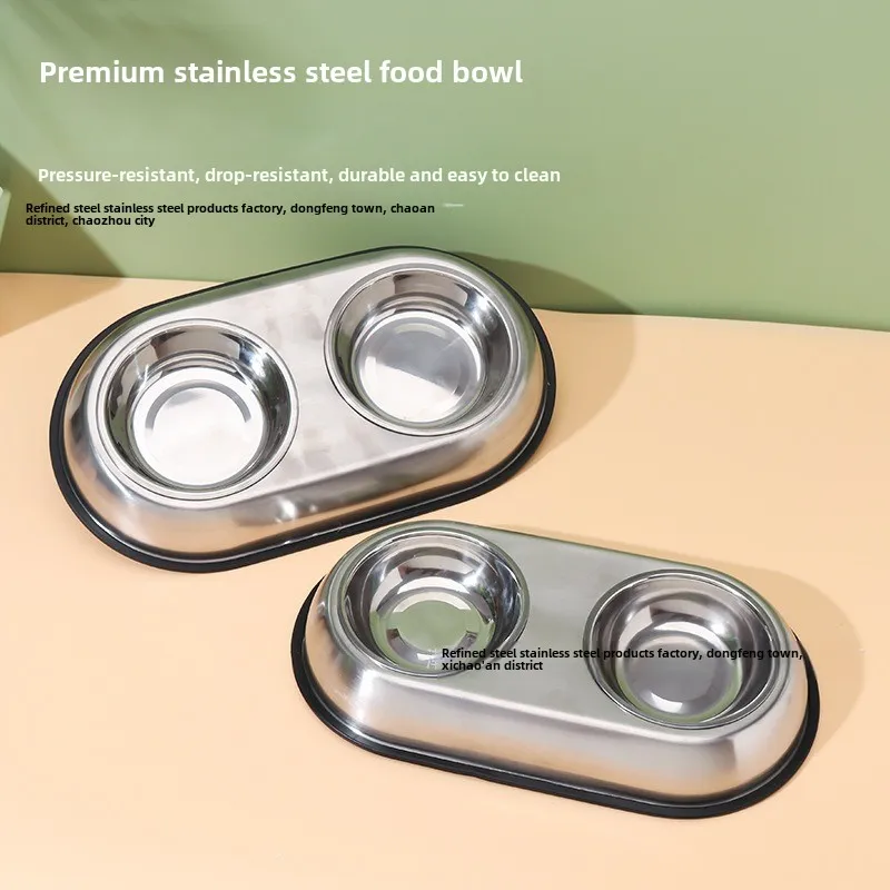 Stainless steel double bowl cartoon cat bowl anti-knock dog food basin drinking water feeder removable pet supplies