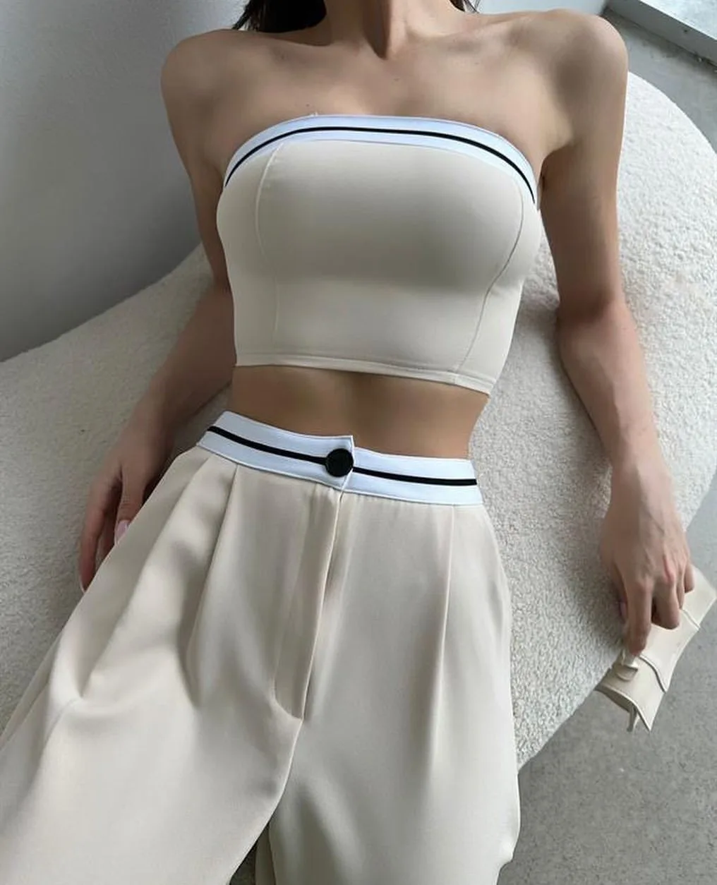 Women Contrasting Colors Pants Two Pieces Set Casual High Waist Pant+Tube Top Suit Y2k Street Fashion Sexy Slim Sports Outifits