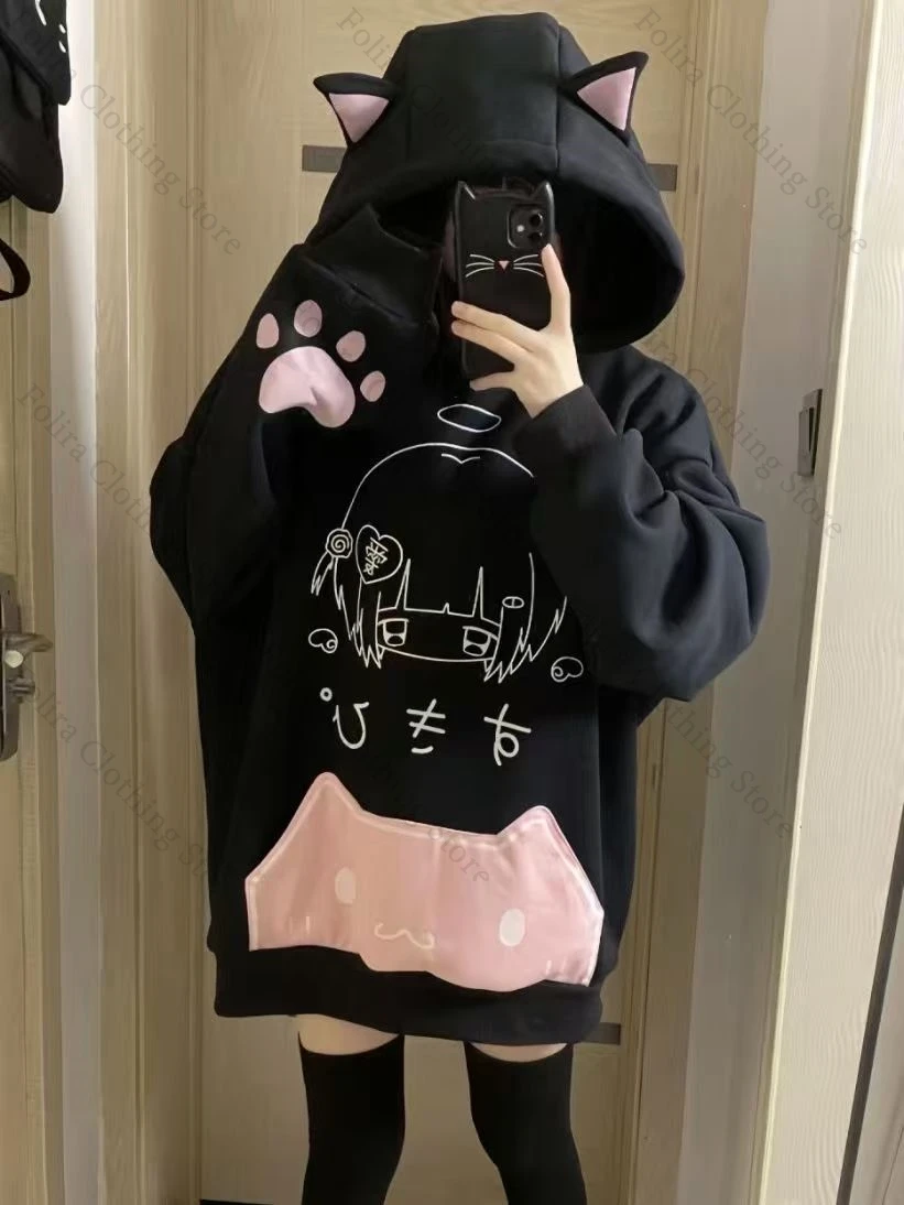 

Толстовка с декором кошачьих ушей и принтом Kawaii, женская толстовка с капюшоном, пуловеры с длинными рукавами, верхняя одежда, женская толстовка, осенняя женская одежда