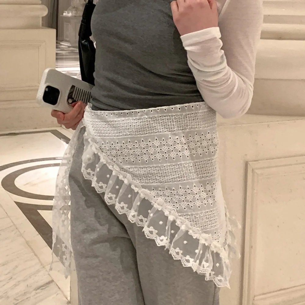 Rok Mini Renda Manis Lembut Rok Kasa Bunga Gaya Korea Rok Tepi Ruffle Pinggang Tinggi Bertali Anak Perempuan