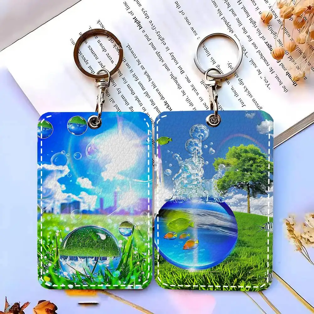 1pc Frutiger Aero Art Classic Vintage Card Case Keychain Access Card Bag Key Tag Ring Leather Card Holder Key Ring Access