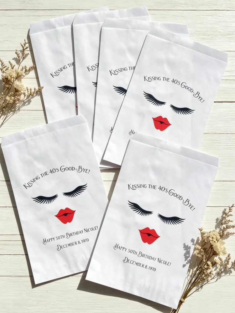 

Custom 40th Birthday Favor Bags Kissing 40's Goodbye Pattern Party Gift Pouches