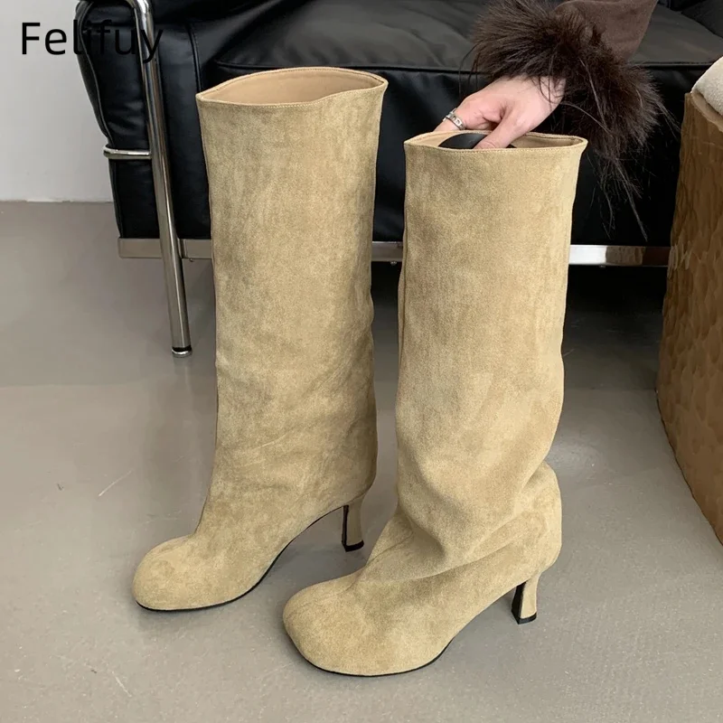 

Black Winter Street Style Round Toe Knee-High Women Boots Punk Thin High Heels Shoes Female Long Booties Zapatos De Mujer
