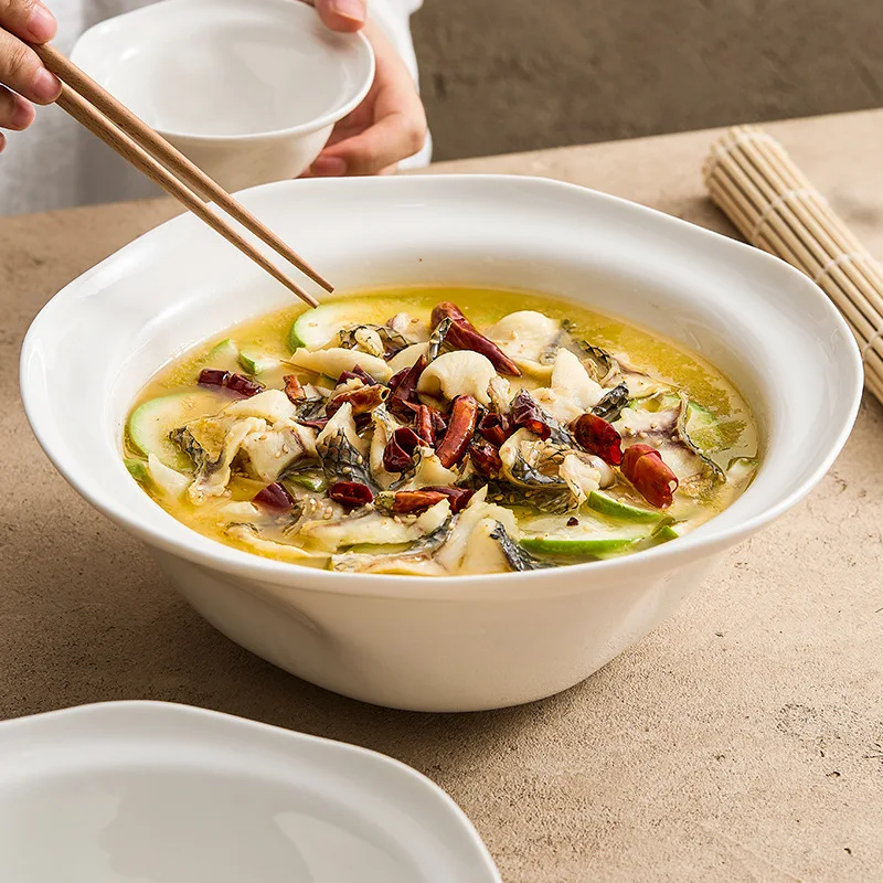 Flower Boiled Fish with Pickled Cabbage and Chili Large Pot Deep Soup Bowl Household High-Grade Tableware Ceramic