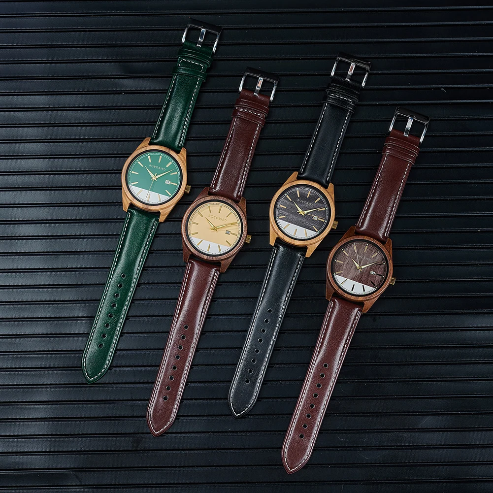 BOBO BIRD العلامة التجارية الفاخرة reloj hombre مضيئة تاريخ خشبي الرجال الكوارتز ساعات المعصم جلد طبيعي الرجال الساعات أفضل هدية